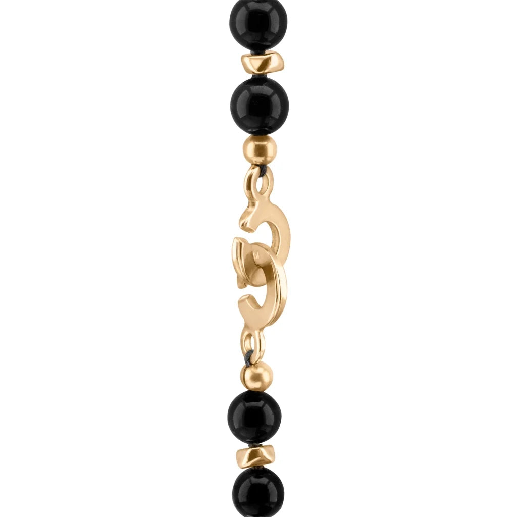 Collar de 53cm, con piedras de 8mm, con mini semillas y dije de colmillo dorados - Joyería y bisutería fina