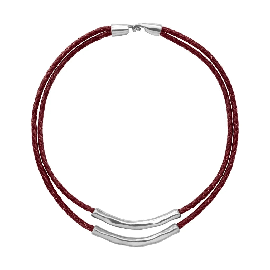 Collar choker de 17cm en trenza redonda de 4 hilos de piel natural de borrego con 2 cilindros moldeados en baño de rodio - Joyería y bisutería fina