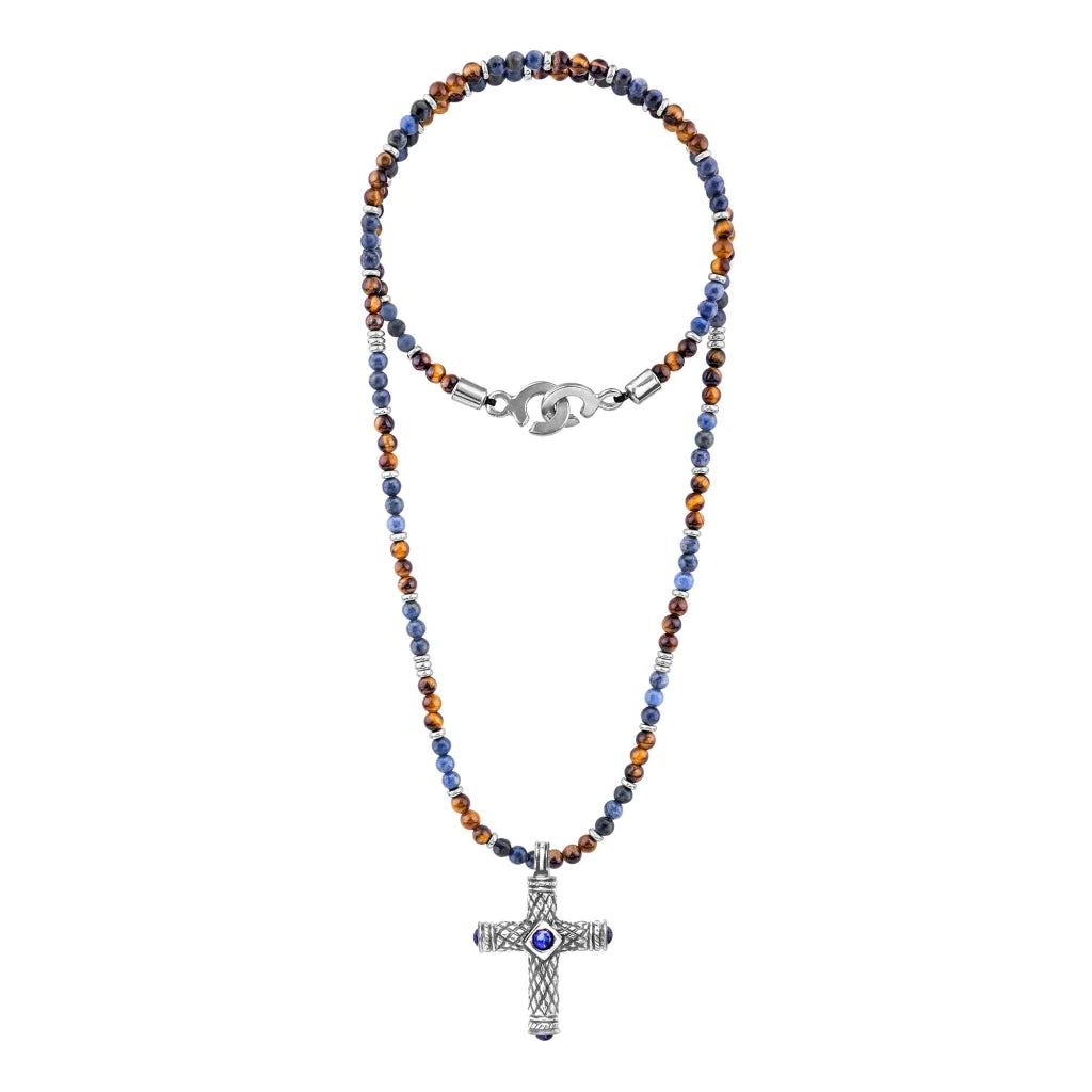 Collar de 39cm, con piedras de 4mm, con dije de cruz y mini donas en terminado de acero anticado - Joyería y bisutería fina