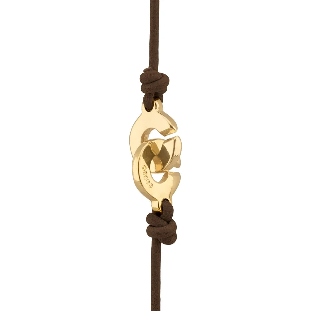 Collar corbatín de 80cm con cordón de piel natural española. con piezas en baño de 22K y nudos franceses en piel natural de borrego - Joyería y bisutería fina