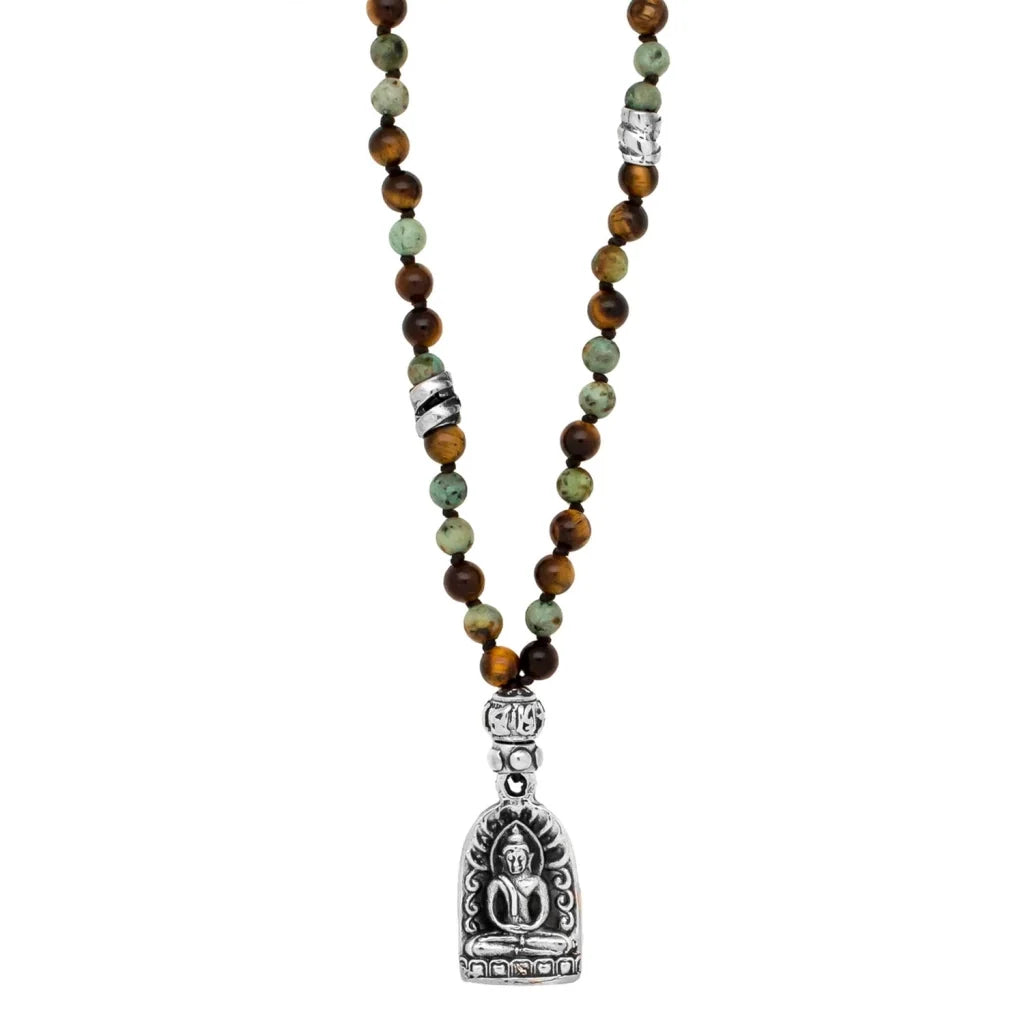 Collar de 41cm con piedras 6mm, dije de Buddha y espirales en terminado de acero pulido - Joyería y bisutería fina