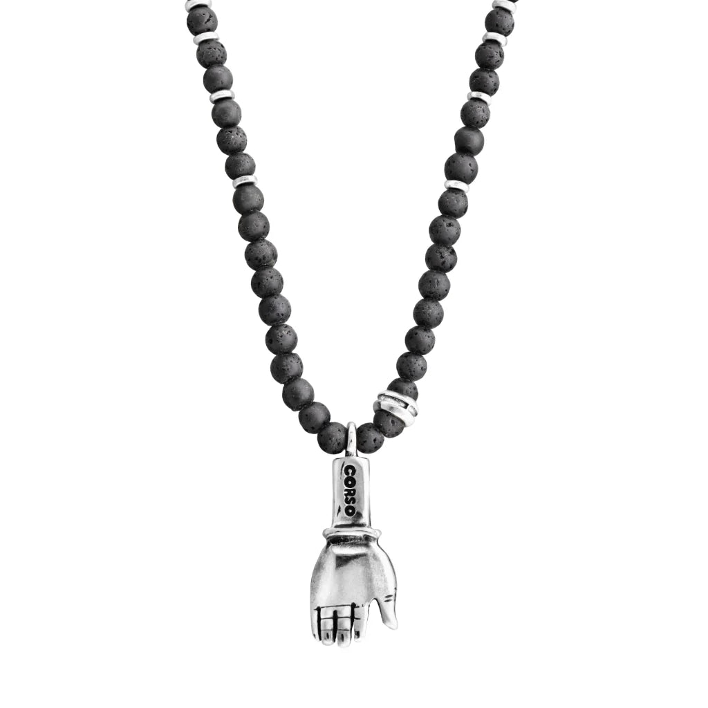 Collar con dije de mano en acero pulido con mini donas plateadas, con largo de 40cm - Joyería y bisutería fina