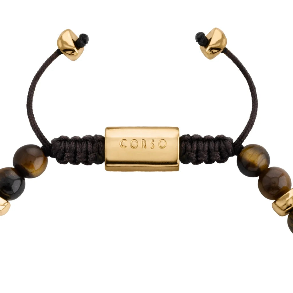 Pulsera ajustable con hilo de seda, piedras 6mm, placa insignia, semillas y calavera en baño de oro de 22K - Joyería y bisutería fina