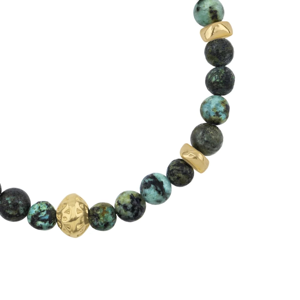 Pulsera baño de oro 22K, Cuentas central con mantra, piedras naturales de 6mm - Joyería y bisutería fina