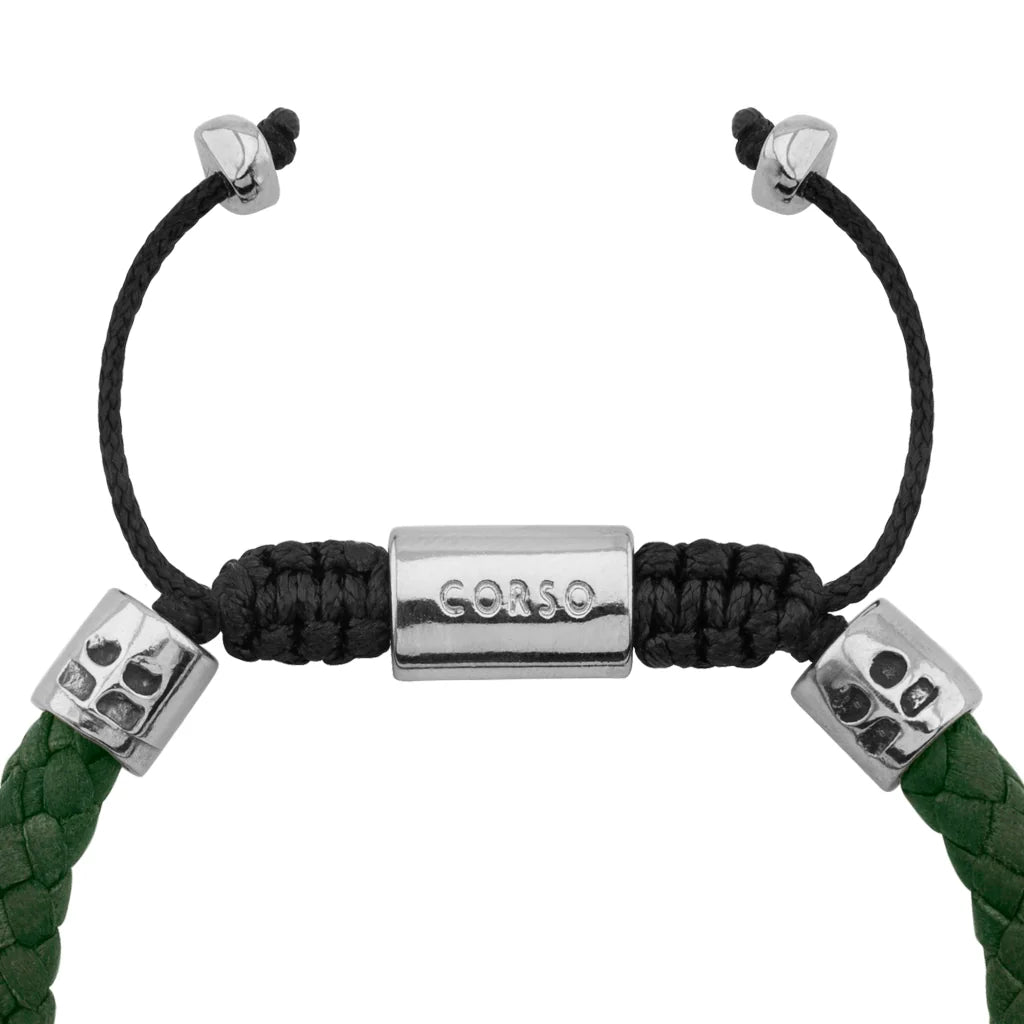 Pulsera de piel natural de borrego trenzada, con detalles en terminado de acero, con placa insignia en baño de rodio - Joyería y bisutería fina