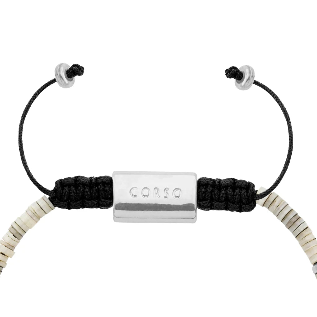 Pulsera ajustable con placa insignia corso y donas en baño de rodio, con conchas filipinas de 3mm - Joyería y bisutería fina