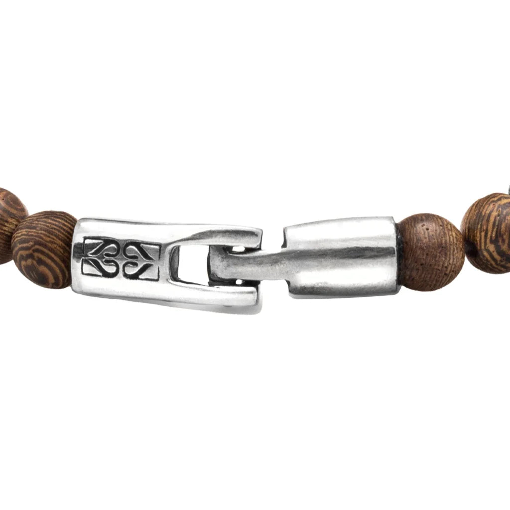Pulsera con cuentas de madera de ébano de Nepal 6mm, con broche y cuentas volcánicas 6mm en terminado de acero - Joyería y bisutería fina