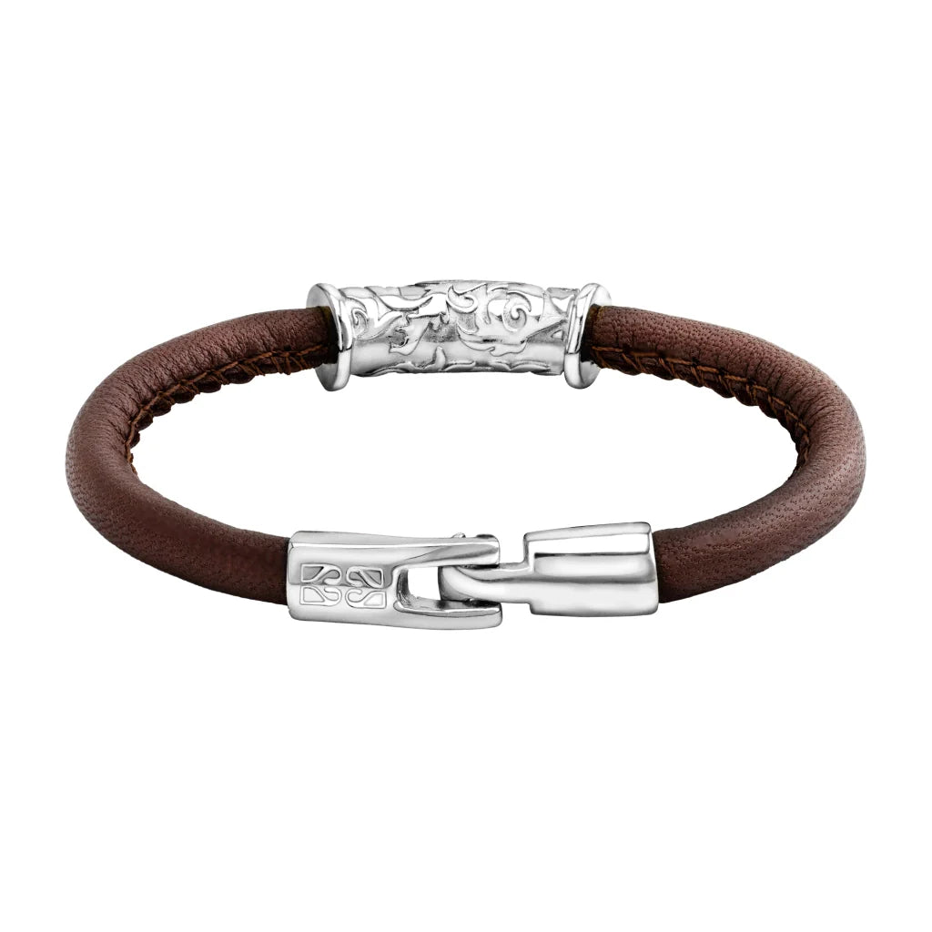 Pulsera Baño de rodio, piel natural nappa, diseño hojas de laurel
