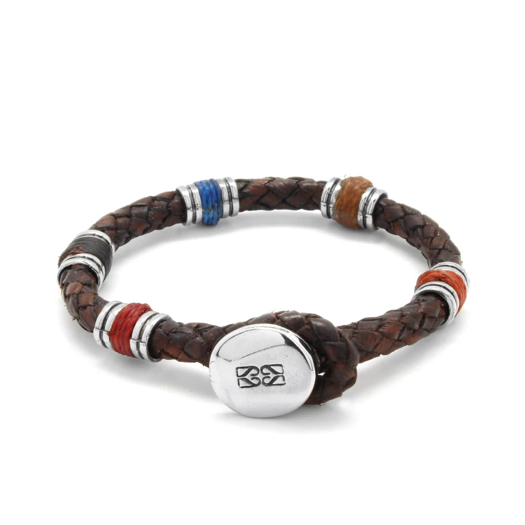 Pulsera para hombre, elaborada con piel natural de borrego trenzada, elementos en terminado acero con detalles en hilo encerado y broche de botón en terminado acero - Joyería y bisutería fina