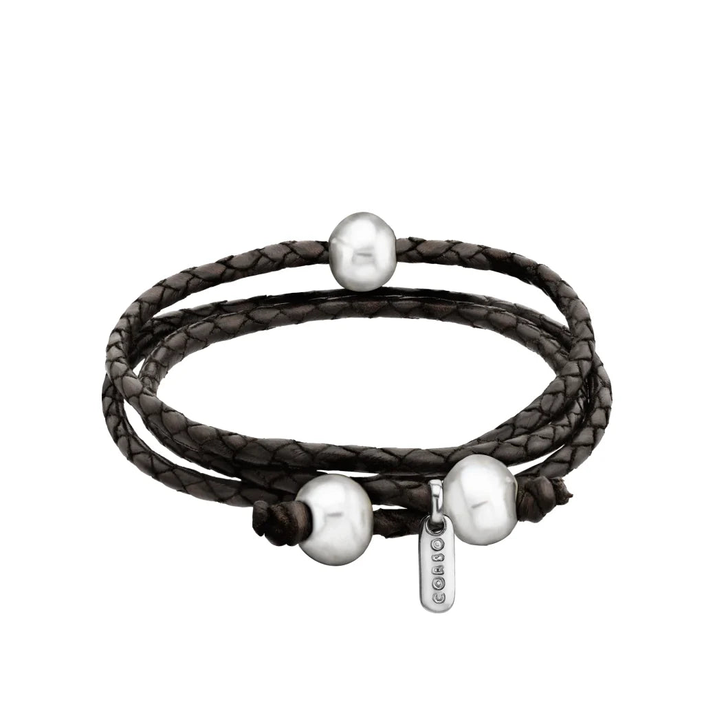 Pulsera/choker de 60cm de piel de borrego en trenza redonda de 4 hilos con 3 perlas japonesas 8-10mm - Joyería y bisutería fina