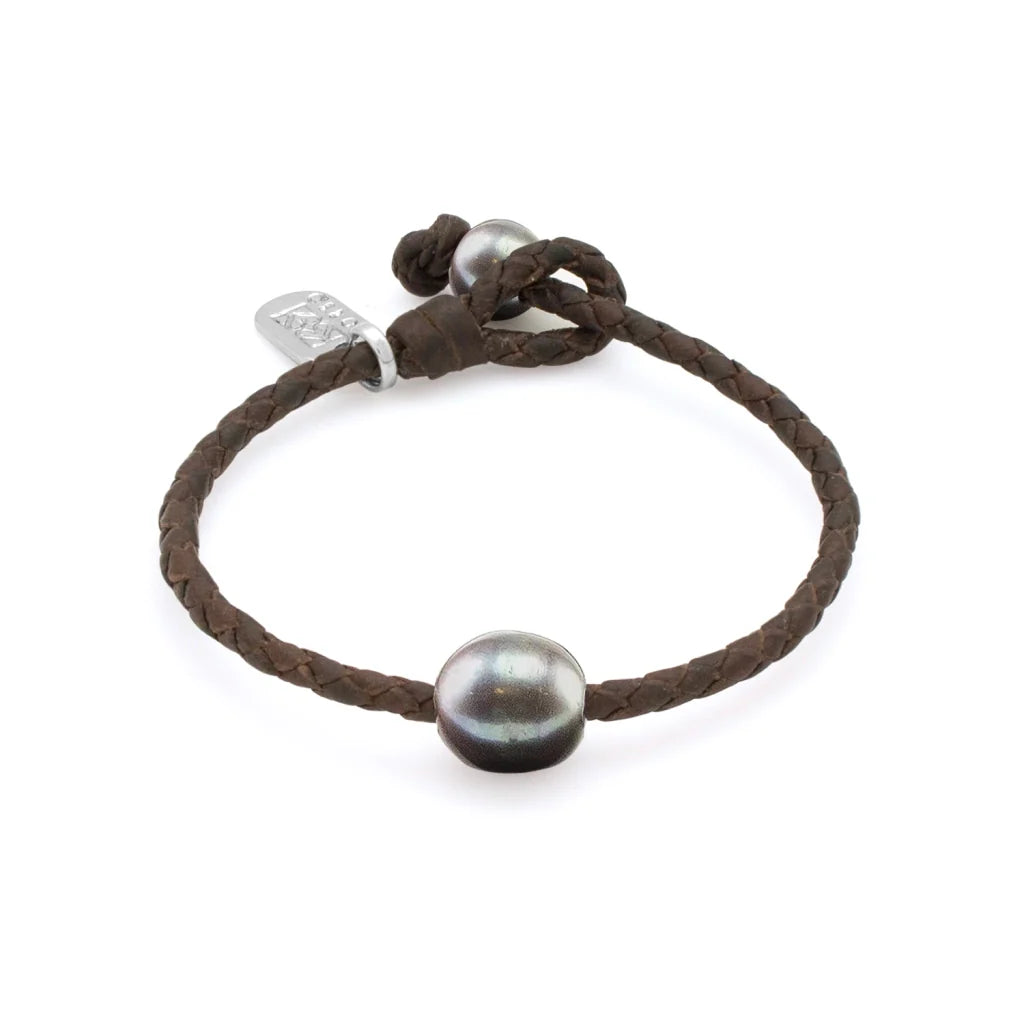 Pulsera de piel natural de borrego en trenza redonda de 4 hilos con perlas tahitianas 8-10mm - Joyería y bisutería fina