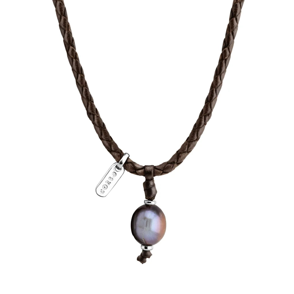 Collar choker en trenza redonda de 4 hilos, doble, de piel natural de borrego, perla tahitiana 8-10mm, con detalles en baño de plata esterlina .925 - Joyería y bisutería fina