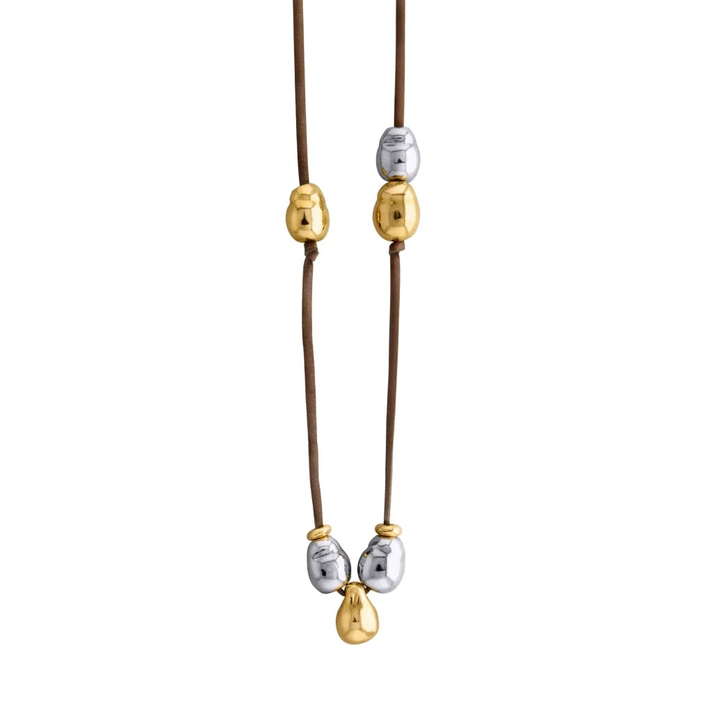 Collar ajustable de piel de canguro, con 5 perlas en baño de rodio y 6 perlas en baño de oro de 22K - Joyería y bisutería fina