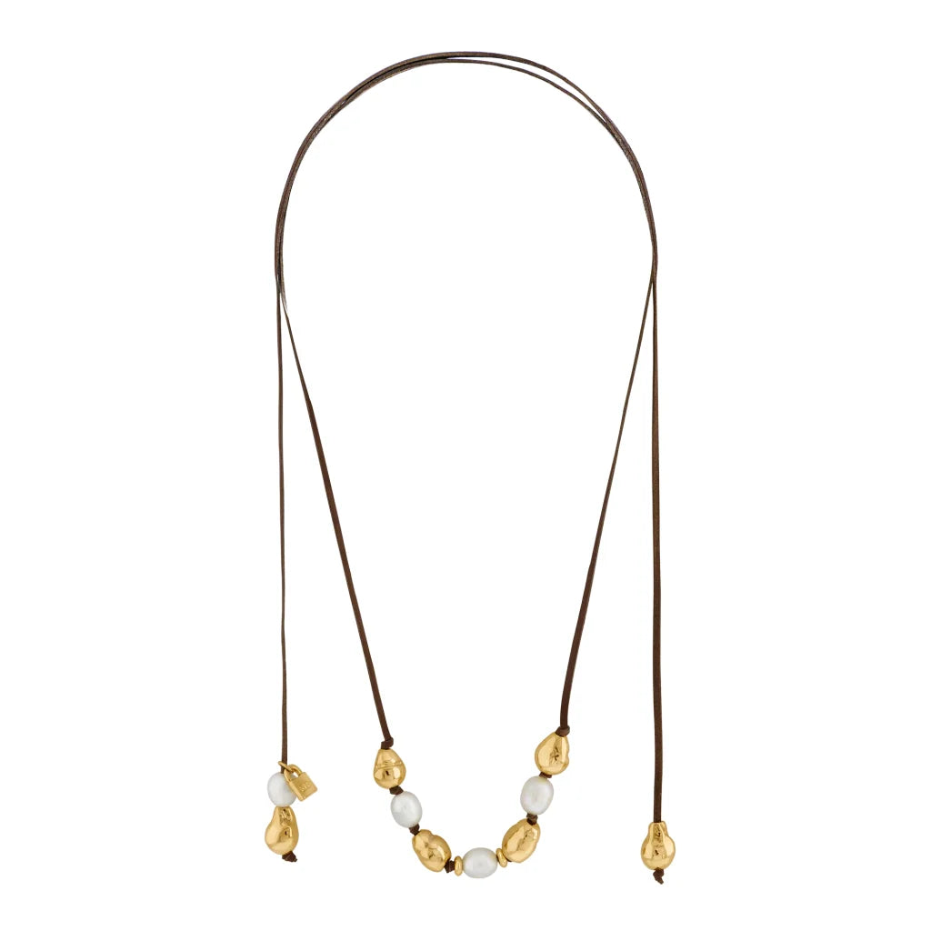 Collar ajustable de piel de canguro, con 4 perlas blancas japonesas 8-10mm, con 6 perlas en baño de 22K - Joyería y bisutería fina