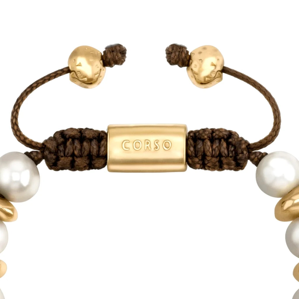 Pulsera ajustable con hilo de seda café, con perlas negras japonesas 8-10mm con detalles en baño de oro de 22K - Joyería y bisutería fina