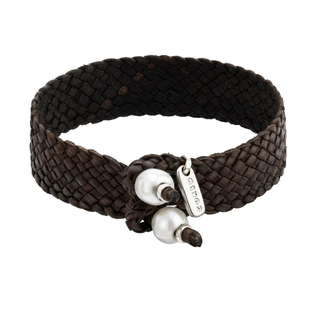 Pulsera en trenza plana de 12 hilos de piel natural de borrego, con 2 perlas tahitianas 8-10mm, detalles en baño de oro de 22K - Joyería y bisutería fina