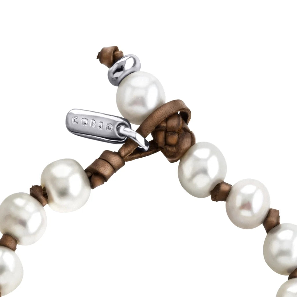 Pulsera de piel de canguro, con perlas blancas japonesas 8-10, con broche de botón en baño de rodio - Joyería y bisutería fina