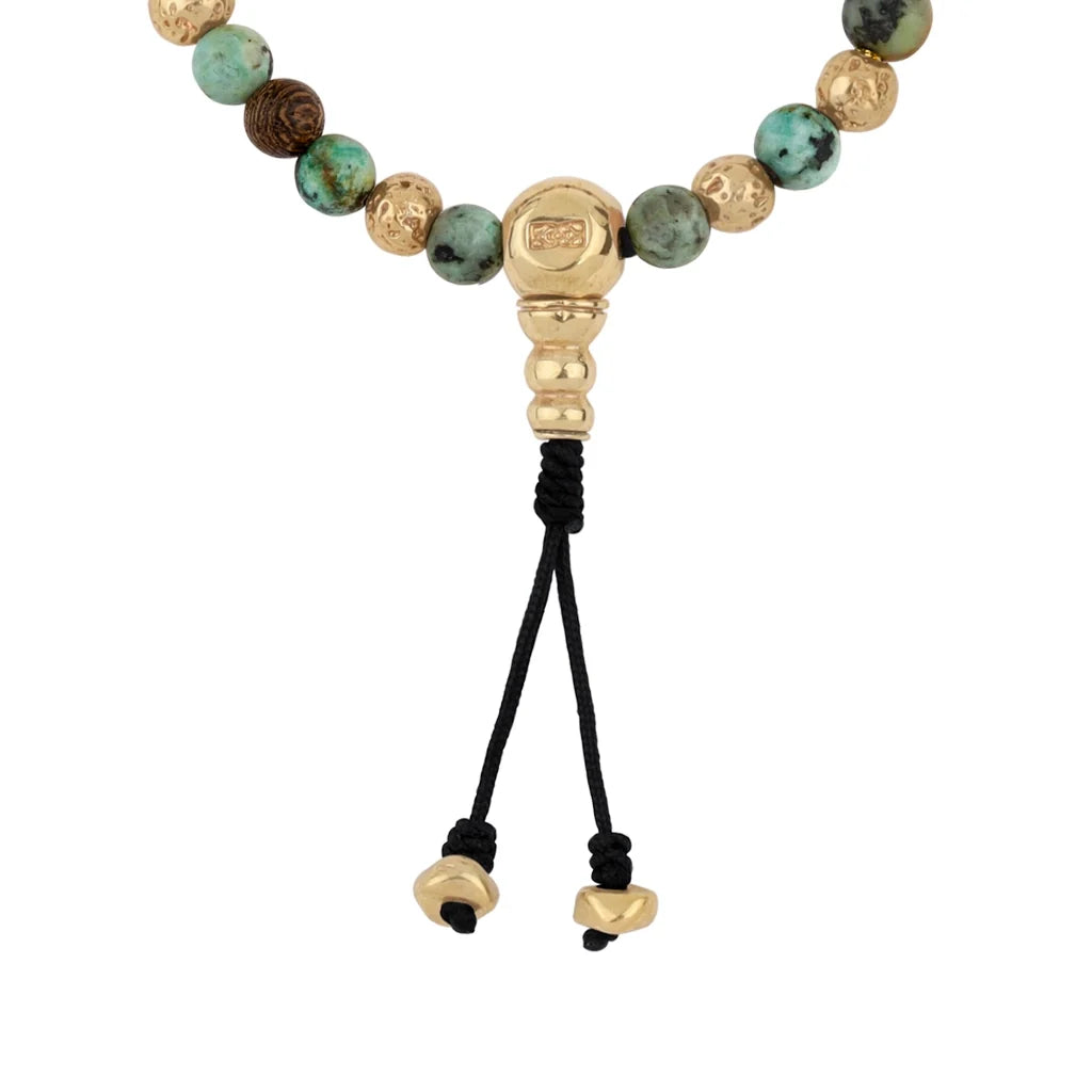 Pulsera con cuentas de madera de ébano de Nepal 8mm, piedra 6mm, con broche ajustable y cuentas volcánicas en baño de oro de 22K - Joyería y bisutería fina