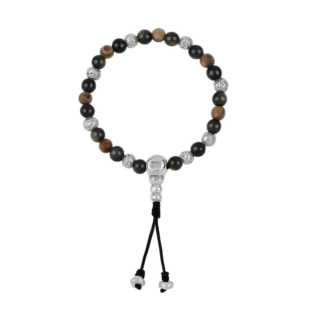 Pulsera con cuentas de madera de ébano de Nepal 8mm, piedra 6mm, con broche ajustable y cuentas volcánicas en baño de plata esterlina .925 - Joyería y bisutería fina