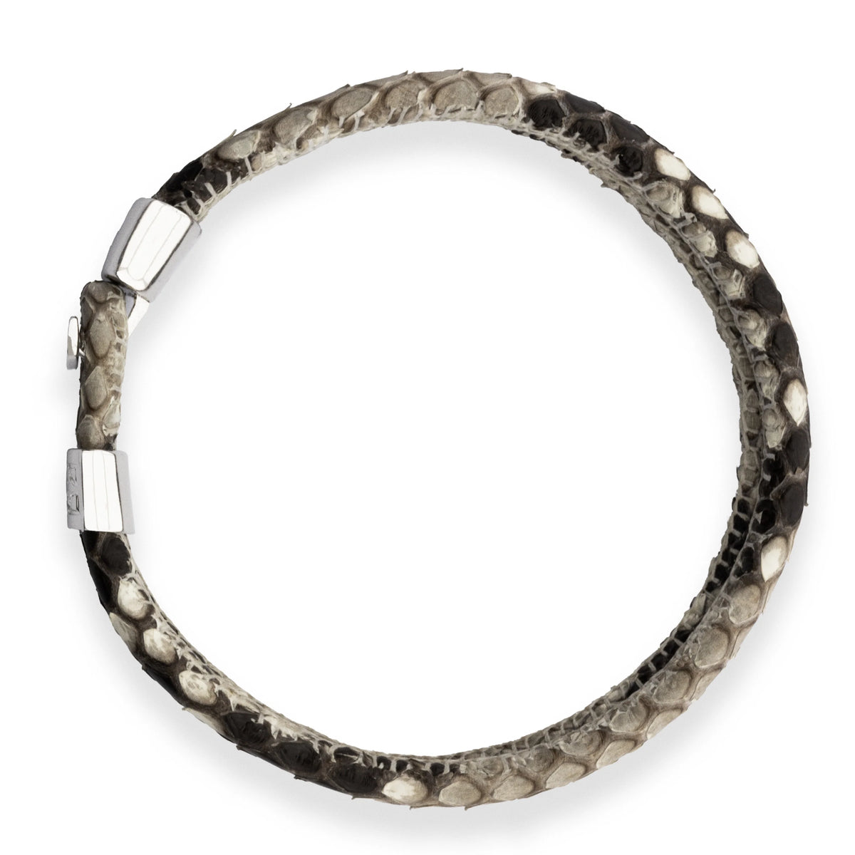 Pulsera en baño de Rodio, Broche de botón, Piel natural de Serpiente, doble vuelta - Joyería y bisutería fina