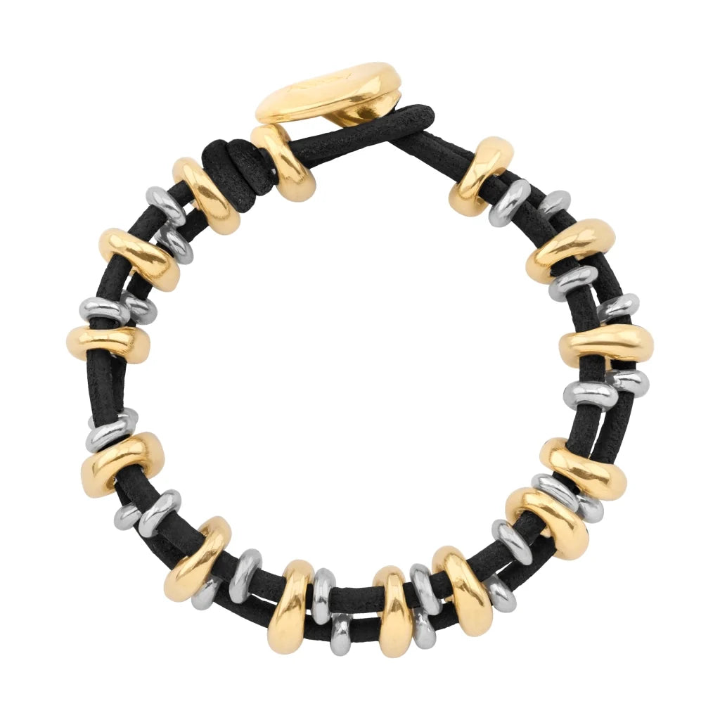 Pulsera Detalles en baño de oro 22K y rodio, Piel natural española - Joyería y bisutería fina