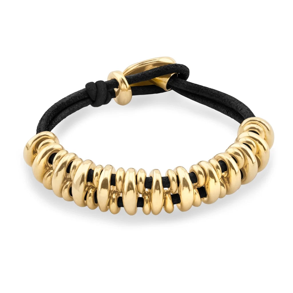 Pulsera de piel natural española, con detalles y broche de botón en baño de oro 22K - Joyería y bisutería fina