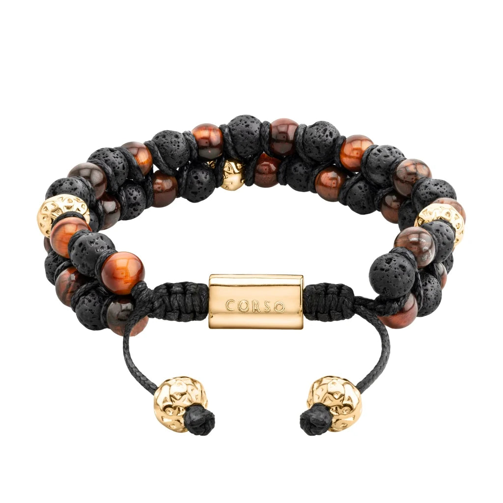 Pulsera con piedras 6mm y piedra volcánica, placa y mantras en baño de oro 22K