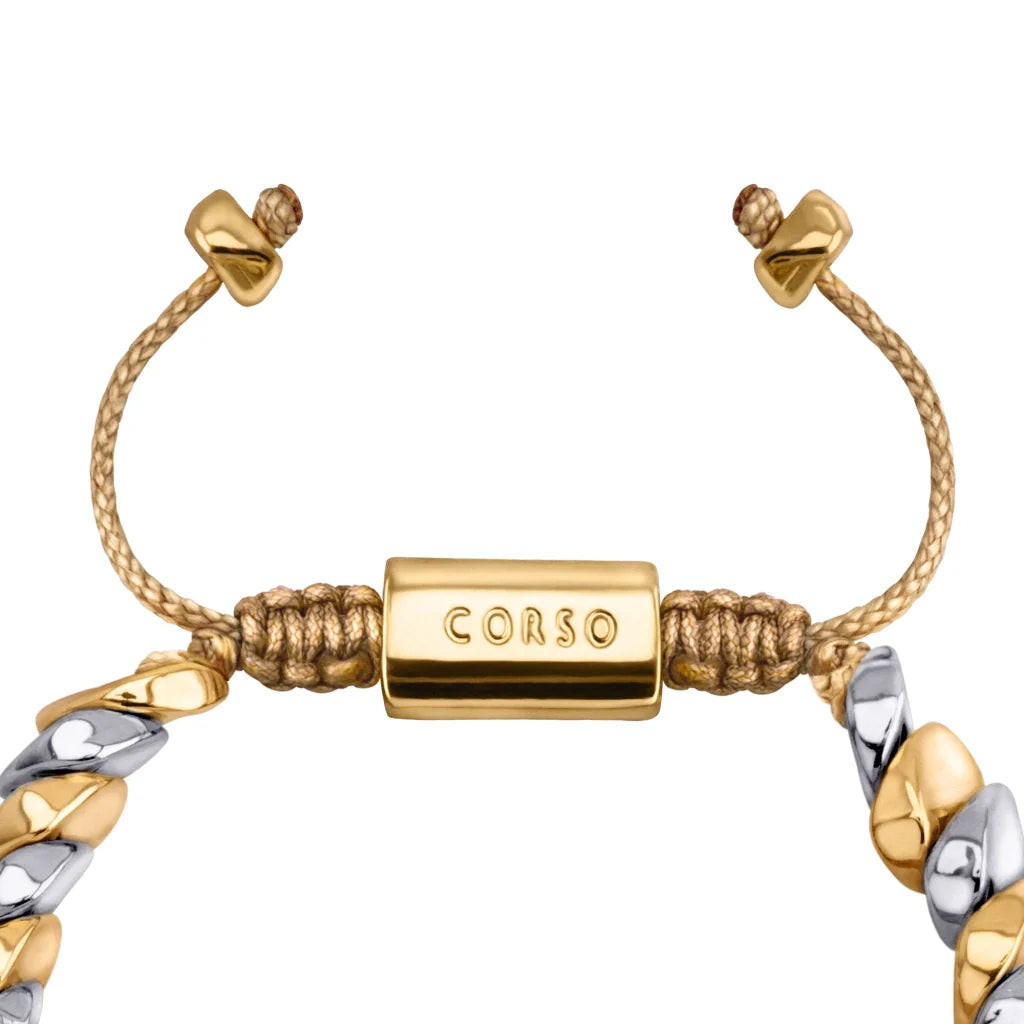 Pulsera ajustable con hilo de seda, con placa insignia corso y lunas en baño de rodio y oro de 22K - Joyería y bisutería fina