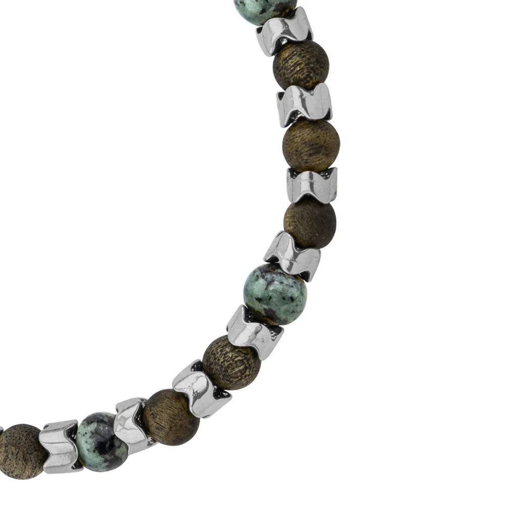 Pulsera Escamas baño de rodio, cuentas de madera de ébano y piedras de 6mm - Joyería y bisutería fina