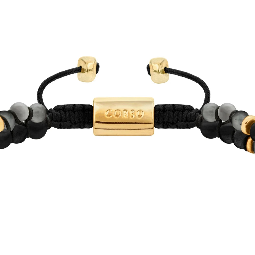 Pulsera ajustable con piedras 4mm, con mini donas y placa insignia en baño de oro 22K - Joyería y bisutería fina