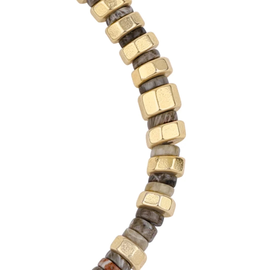 Pulsera ajustable con hilo de seda y rondel de piedra 4mm, con placa octagonal insignia y rondanas en baño de oro 22K - Joyería y bisutería fina
