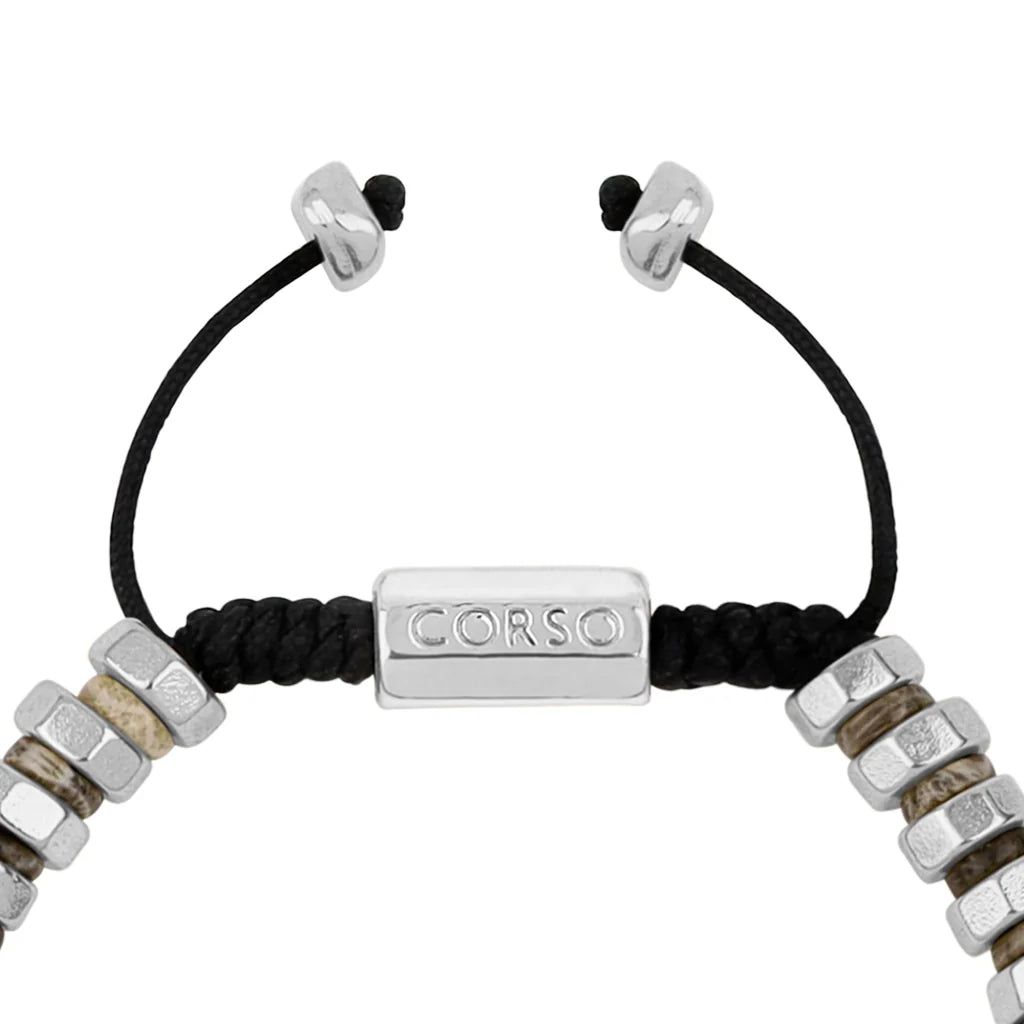 Pulsera ajustable con hilo de seda y rondel de piedra 4mm, con placa octagonal insignia y rondanas en baño de rodio - Joyería y bisutería fina