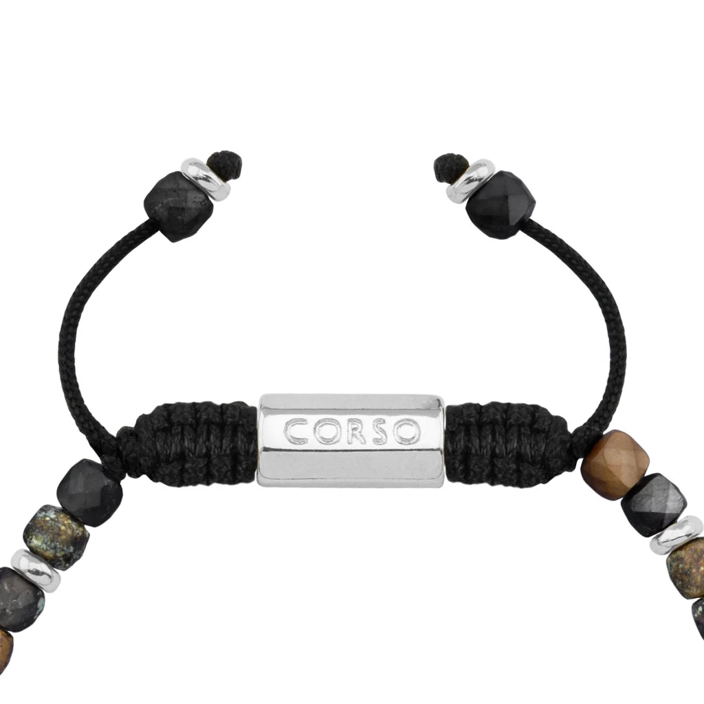 Pulsera con piedras en cubo facetado 4mm, con placa con insignia Corso y mini donas de baño de rodio - Joyería y bisutería fina