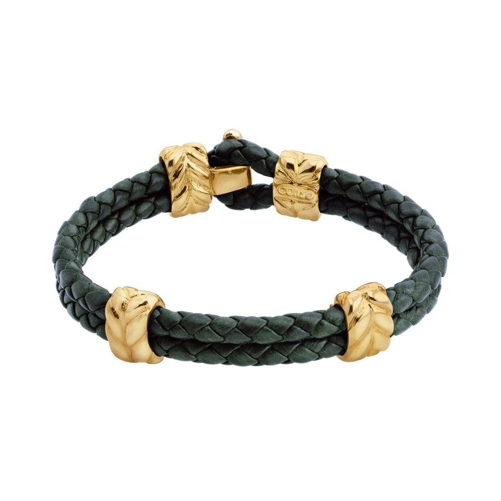 Pulsera con piel natural de borrego en trenza de 4 hilos, con broche y laureles en baño de oro 22K - Joyería y bisutería fina