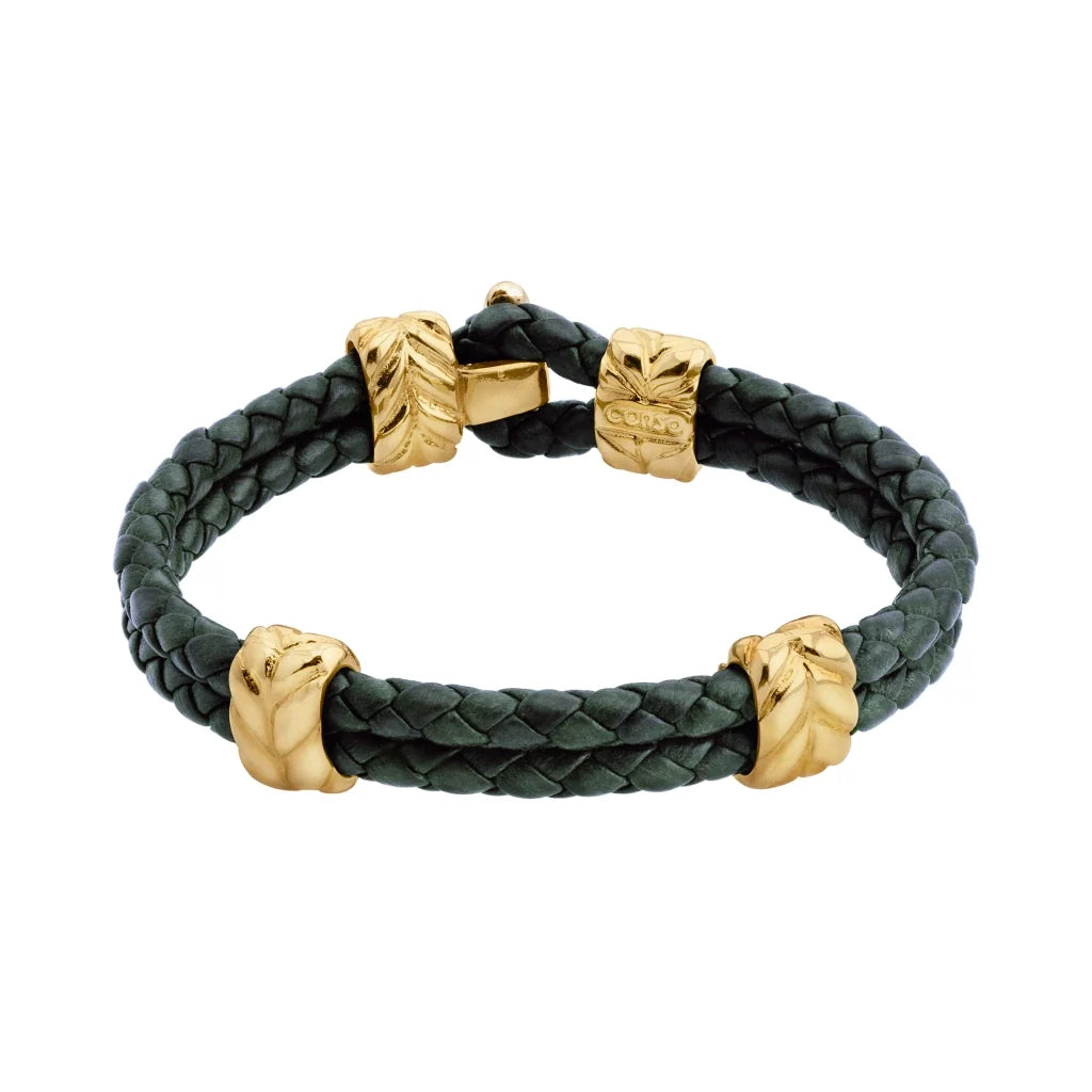 Pulsera con piel natural de borrego en trenza de 4 hilos, con broche y laureles en baño de oro 22K - Joyería y bisutería fina