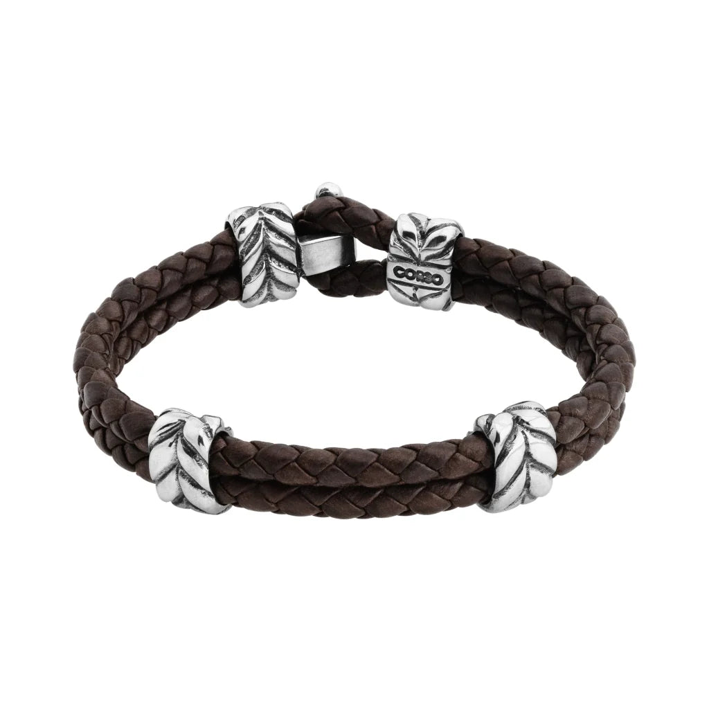 Pulsera con piel natural de borrego en trenza de 4 hilos, con broche y laureles en baño de rodio - Joyería y bisutería fina
