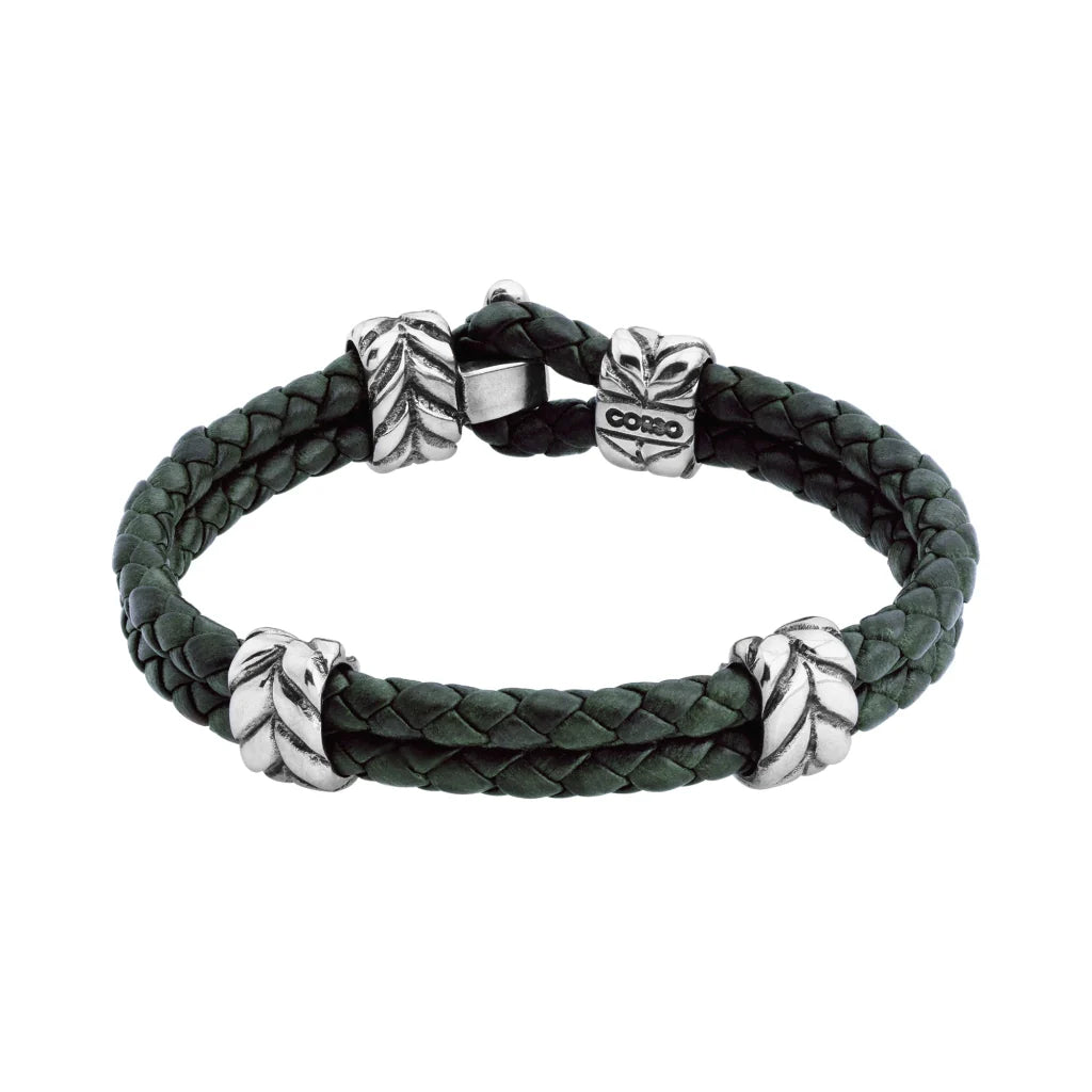 Pulsera con piel natural de borrego en trenza de 4 hilos, con broche y laureles en baño de rodio - Joyería y bisutería fina