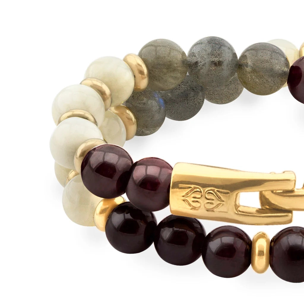 Pulsera de doble vuelta, broche de gancho, piedras de 8mm en baño de oro de 22K - Joyería y bisutería fina
