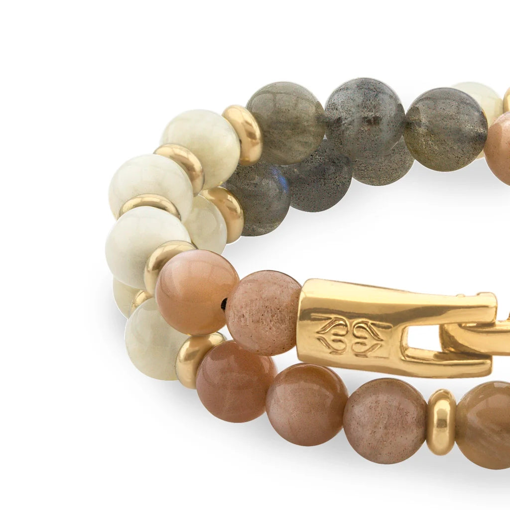 Pulsera de doble vuelta, broche de gancho, piedras de 8mm en baño de oro de 22K - Joyería y bisutería fina