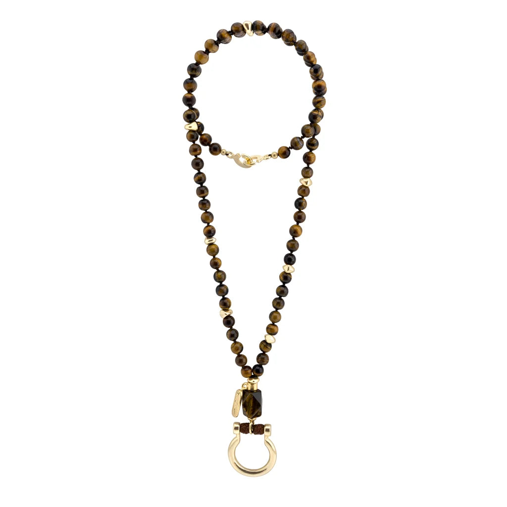 Collar de 44cm con piedras 8mm, dije e piedra, con herradura y semillas en baño de oro de 22K - Joyería y bisutería fina