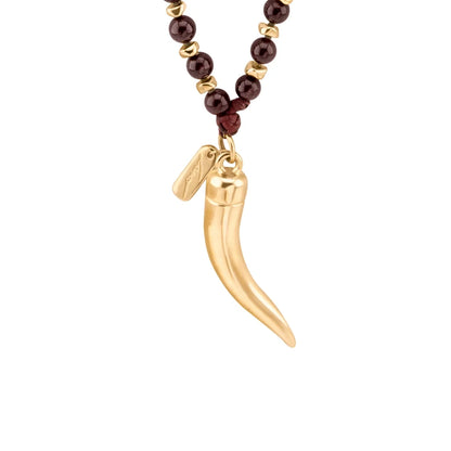 Collar de 53cm, con piedras de 8mm, con mini semillas y dije de colmillo dorados - Joyería y bisutería fina