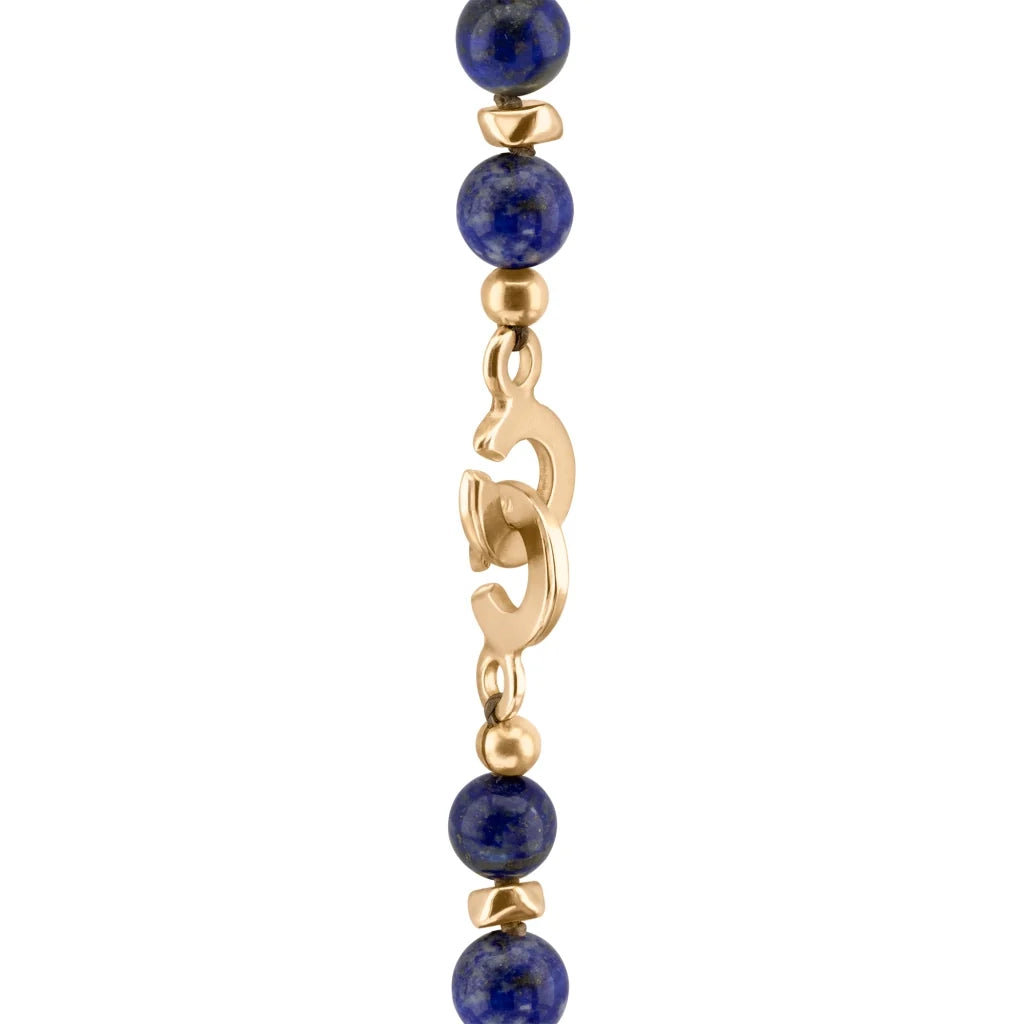 Collar de 53cm, con piedras de 8mm, con mini semillas y dije de colmillo dorados - Joyería y bisutería fina