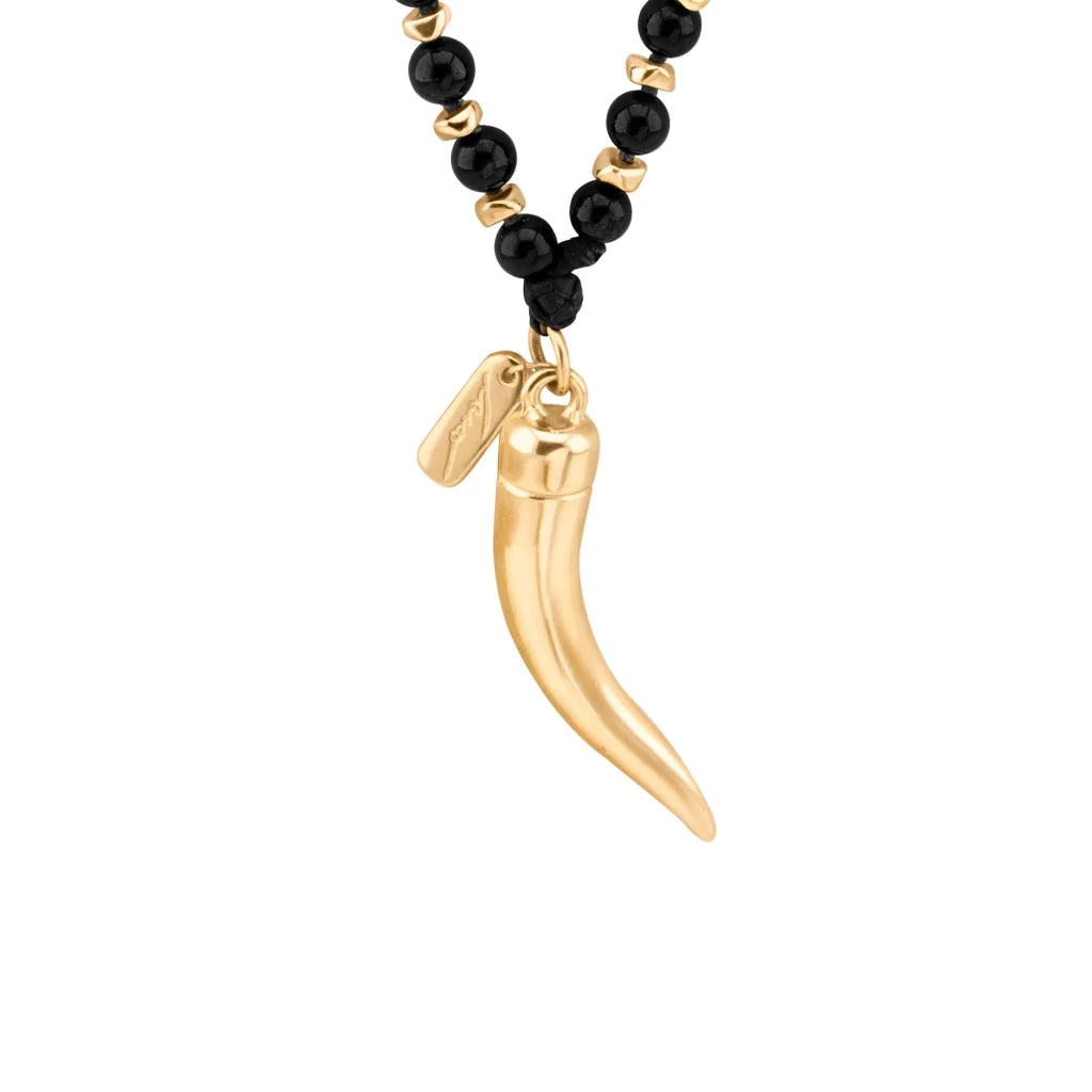 Collar de 53cm, con piedras de 8mm, con mini semillas y dije de colmillo dorados - Joyería y bisutería fina