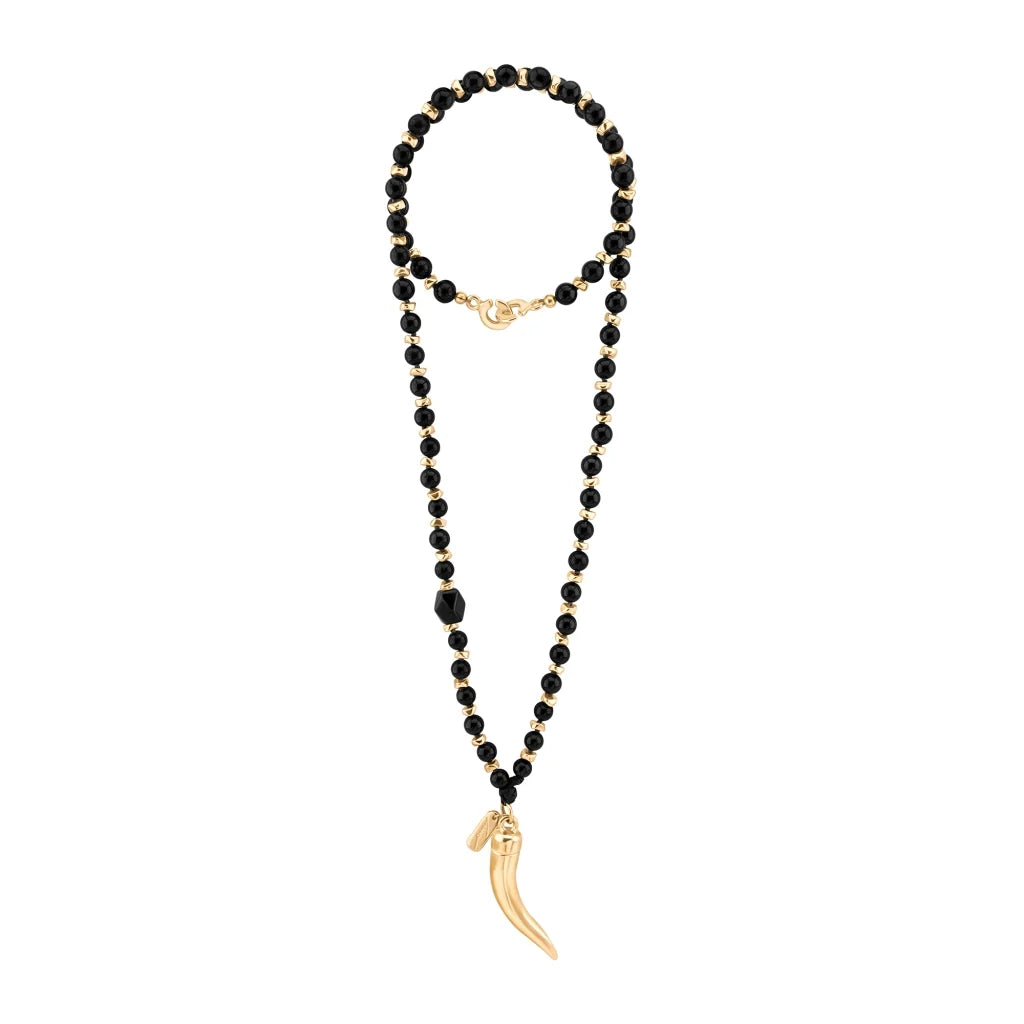 Collar de 53cm, con piedras de 8mm, con mini semillas y dije de colmillo dorados - Joyería y bisutería fina