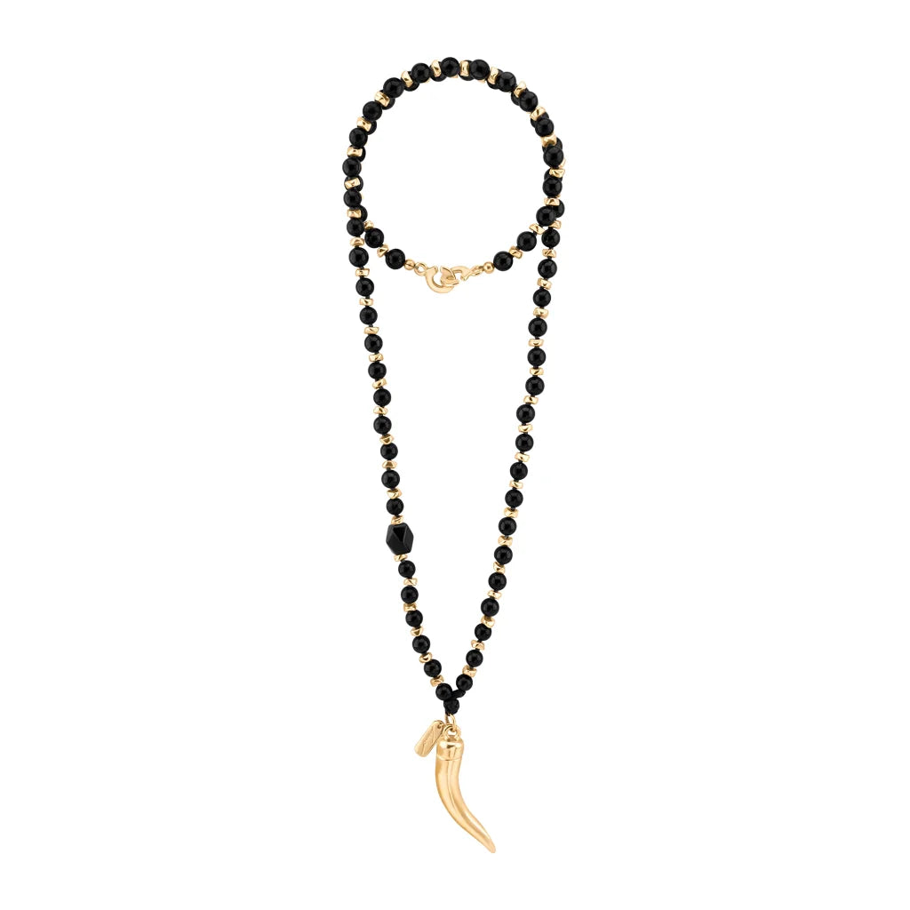 Collar de 53cm, con piedras de 8mm, con mini semillas y dije de colmillo dorados - Joyería y bisutería fina
