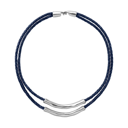Collar choker de 17cm en trenza redonda de 4 hilos de piel natural de borrego con 2 cilindros moldeados en baño de rodio - Joyería y bisutería fina