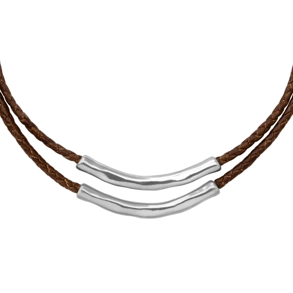 Collar choker de 17cm en trenza redonda de 4 hilos de piel natural de borrego con 2 cilindros moldeados en baño de rodio - Joyería y bisutería fina