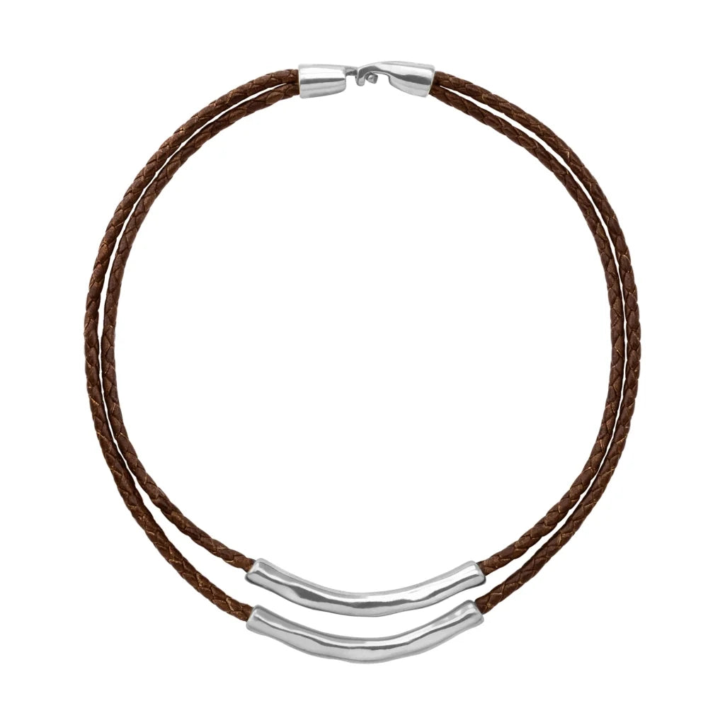 Collar choker de 17cm en trenza redonda de 4 hilos de piel natural de borrego con 2 cilindros moldeados en baño de rodio - Joyería y bisutería fina