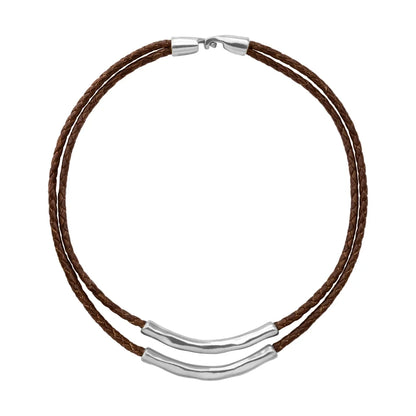 Collar choker de 17cm en trenza redonda de 4 hilos de piel natural de borrego con 2 cilindros moldeados en baño de rodio - Joyería y bisutería fina