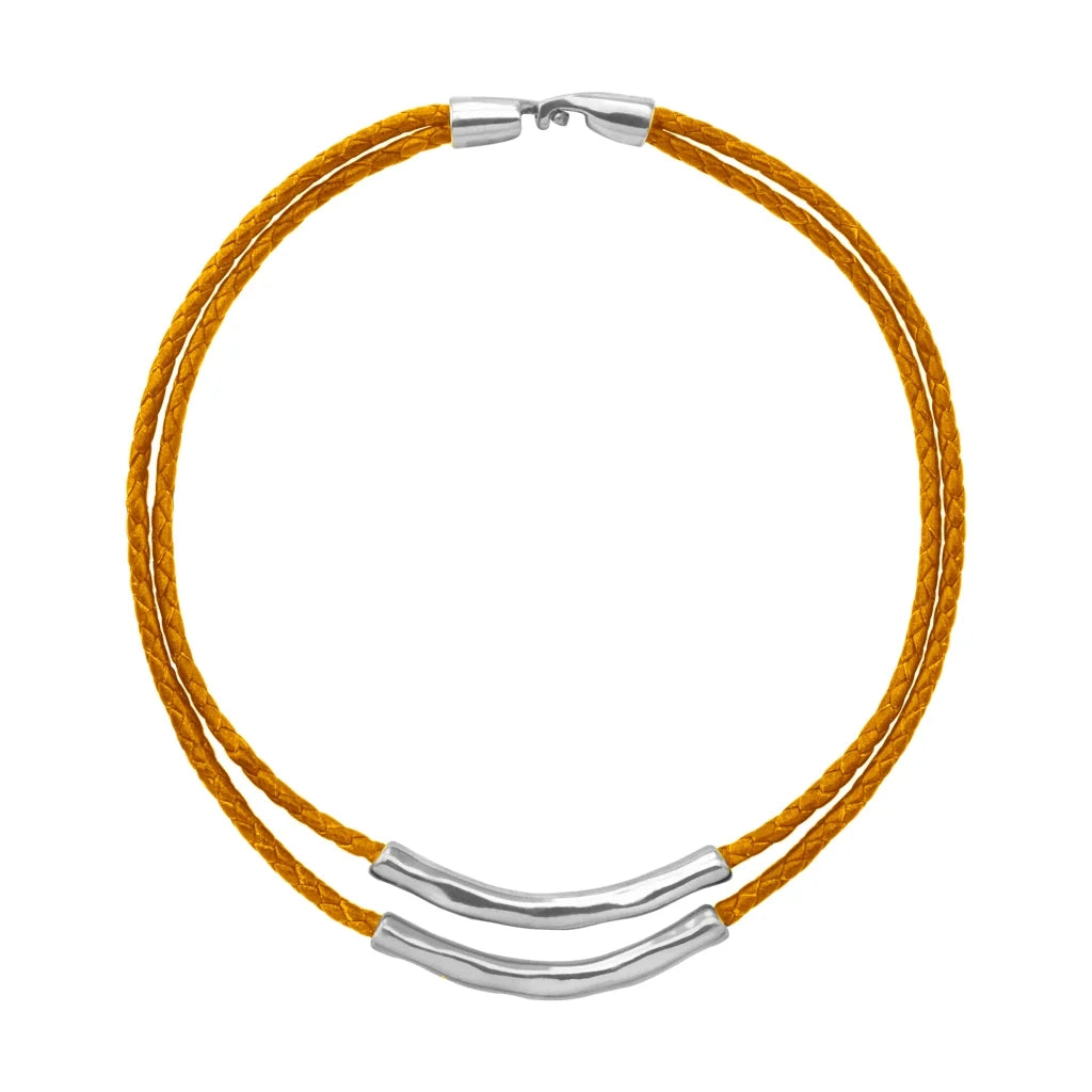 Collar choker de 17cm en trenza redonda de 4 hilos de piel natural de borrego con 2 cilindros moldeados en baño de rodio - Joyería y bisutería fina